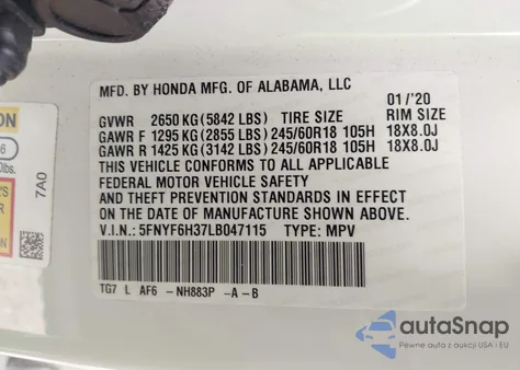 2020 Honda Pilot Awd Ex z USA, uszkodzony, nr VIN 5FNYF6H37LB047115